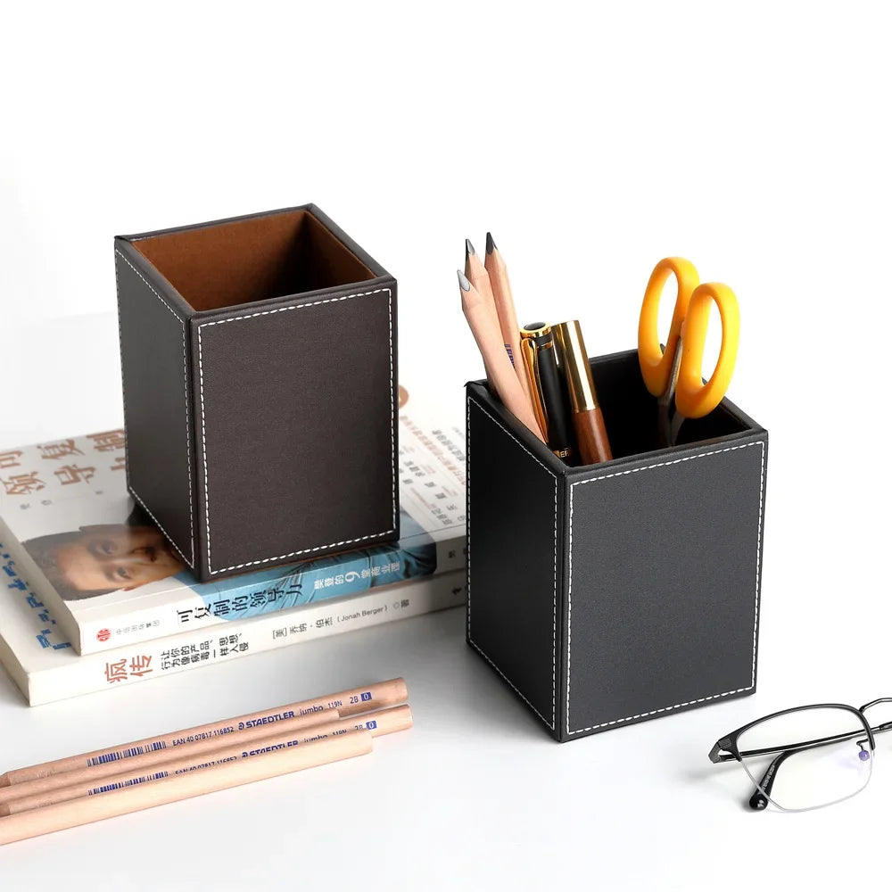 PU Leather Pen Holder Large-capacity Portable Pen Container Square Desktop Organizer Student Gift