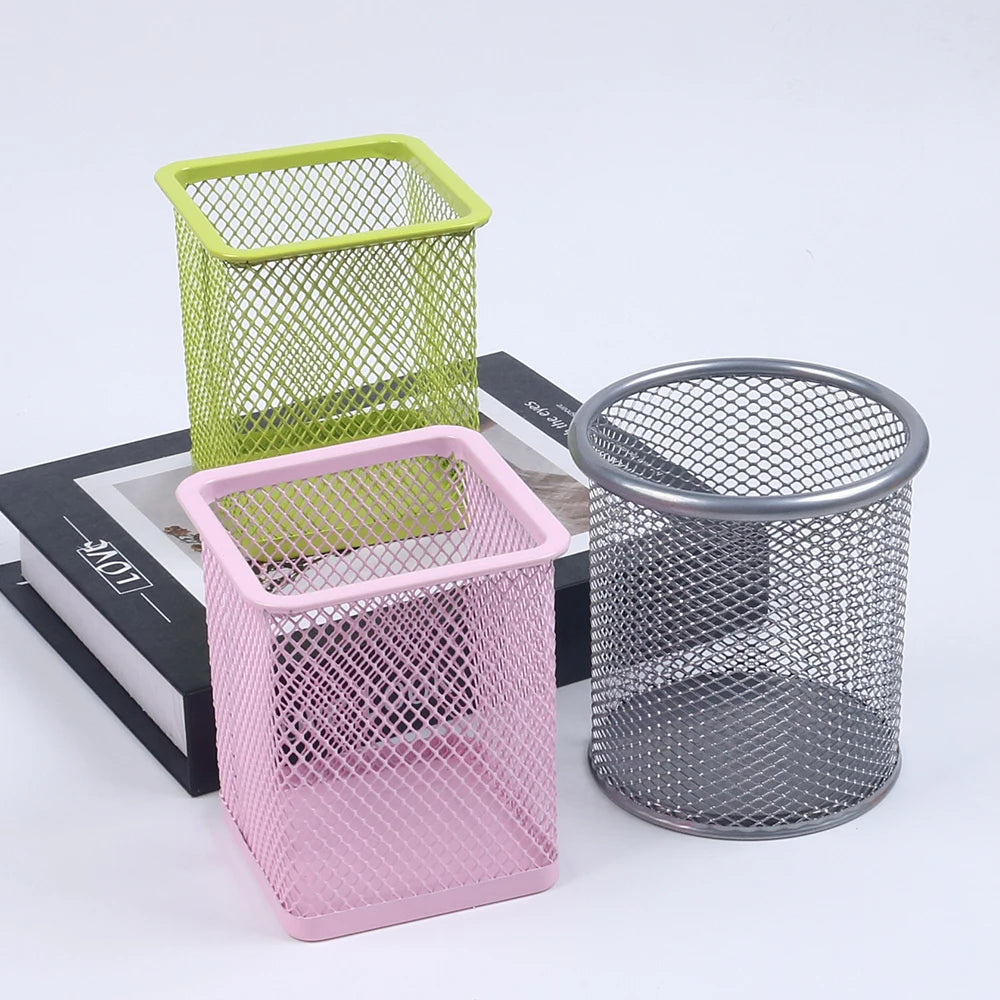 Round Square Pen Holder Desk Metal Mesh Pen Pot Case Pen Container for Student Office Desktops